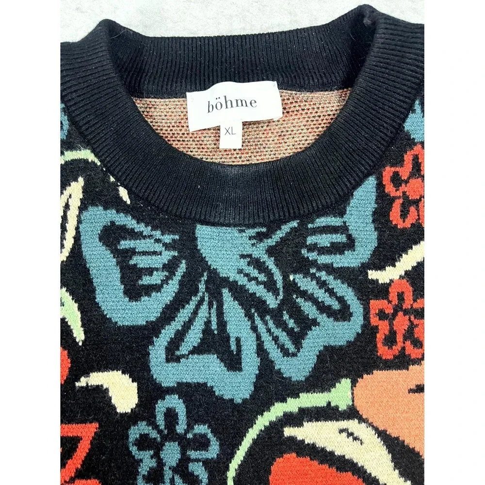 Bohme Sweater Womens XL Multicolor Floral Tight Knit Crew Neck Thermal Boho